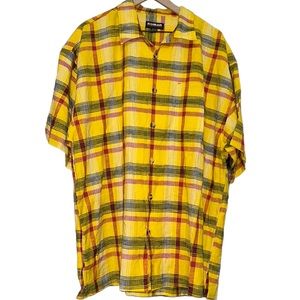 🦋Koman Yellow Cotton Plaid Shirt, Size 2XL